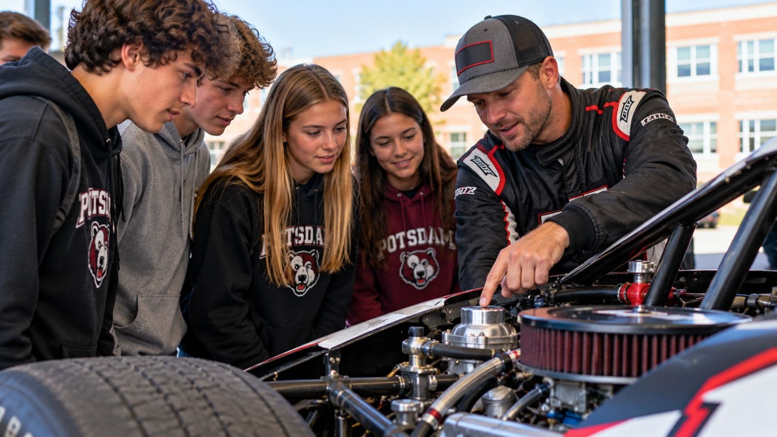 Submitted photo for: Potsdam students get hands-on lesson from local race car driver