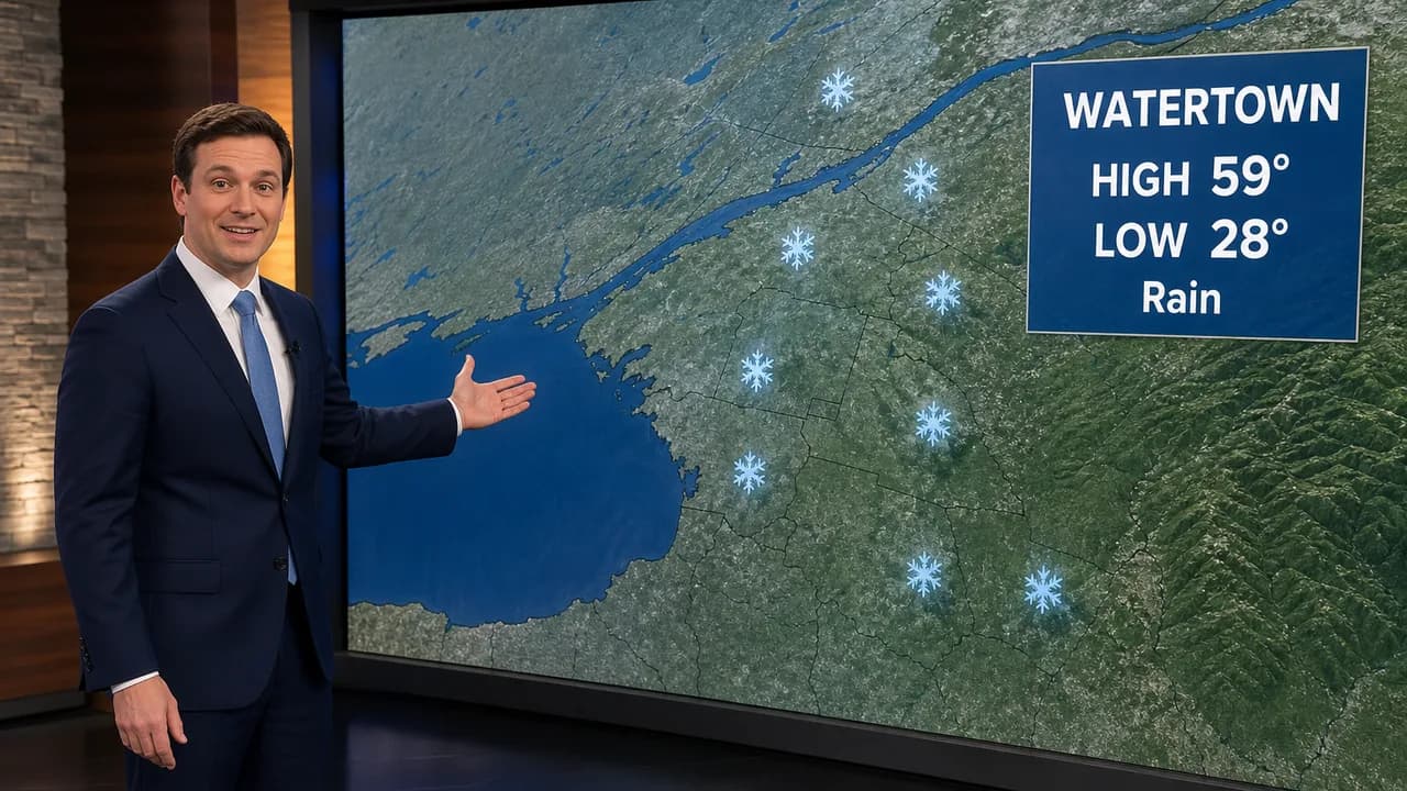 Illustration: a TV meteorologist presents the North Country forecast, a high of 59 and a low of 28 in Watertown